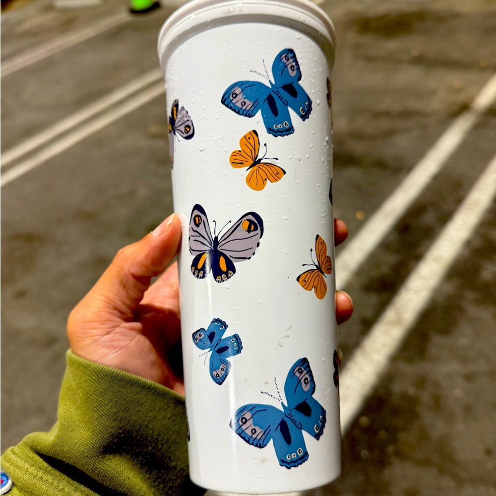 Home Basics White Tumbler with Blue and Orange Butterflies